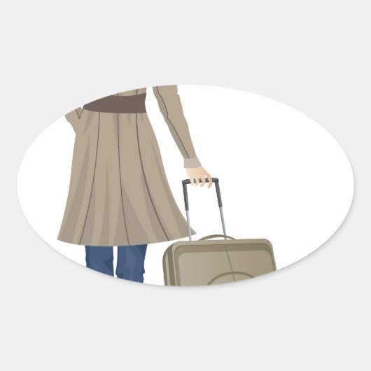 ブロンドの女性とスーツケース 楕円形シール (正面)
