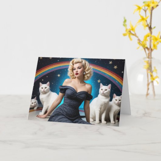 ブロンドの女性の白い猫空白のがすべての行事 カード (黄色い花)