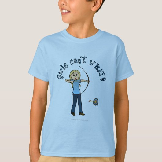 ブロンドの女性アーチェリーを青で Tシャツ (正面)