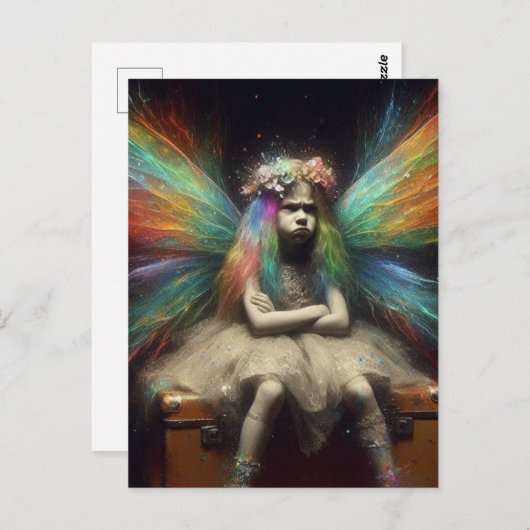 ブロンドの妖精でヴィンテージ・スーツケースに対する態度を示す ポストカード (正面/裏面)