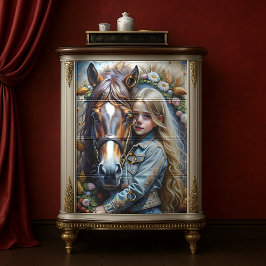 ブロンドの少女と茶色の馬のデニムフラワーデコパージュ 薄葉紙