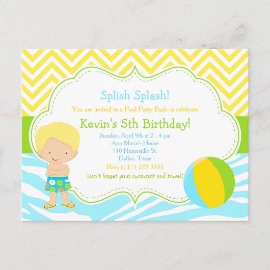 ブロンドの少年プールパーティーバッシュパーティー ポストカード (正面)