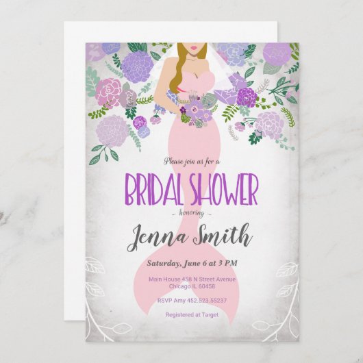 ブロンドの花の人魚のブライダルシャワーの招待 招待状 (正面/裏面)