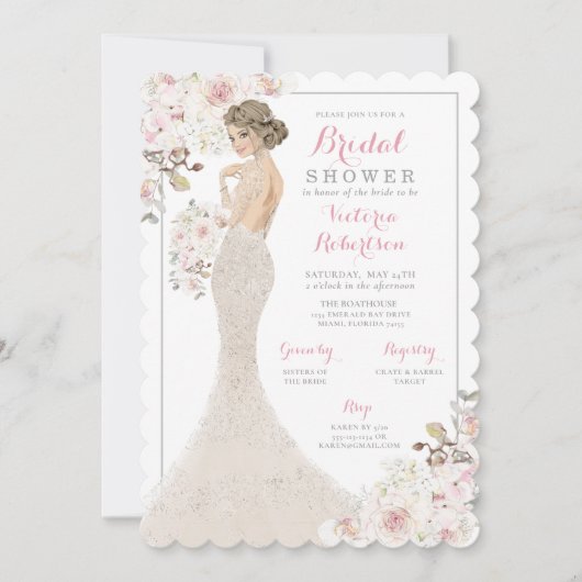 ブロンドの華やかな花嫁がドレスを着た結婚前のお披露目パーティー 招待状 (正面)