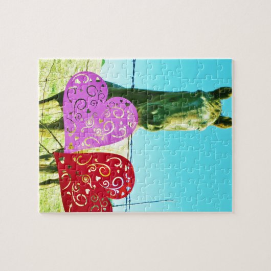 ブロンドの馬とピンクと赤いハート ジグソーパズル (横)