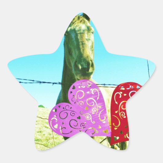 ブロンドの馬とピンクと赤いハート 星シール (正面)