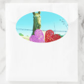 ブロンドの馬とピンクと赤いハート 楕円形シール (バッグ)