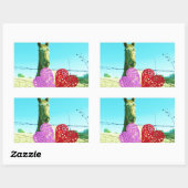 ブロンドの馬とピンクと赤いハート 長方形シール (シート)