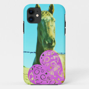 ブロンドの馬とピンクと赤いハート iPhone 11 ケース
