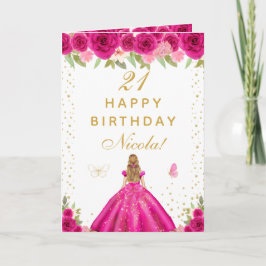 ブロンドの髪の女の子の誕生日おめでとう ホットピンクの花柄 カード