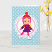 ブロンドアイススケーター – ウィンタースポーツスケートで滑る カード (黄色い花)