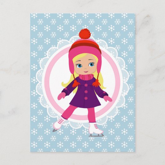 ブロンドアイススケーター – ウィンタースポーツスケートで滑る ポストカード (正面)