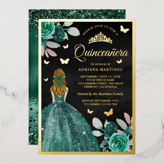 ブロンドエメラルドドレスバタフライキンセアニェラ金ゴールド 箔招待状 (正面/裏面)