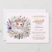 ブロンドガールのバプテスムパープル金ゴールドフローラクロス 招待状 (正面)