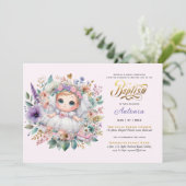 ブロンドガールのバプテスムパープル金ゴールドフローラクロス 招待状 (スタンド正面)