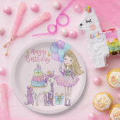 ブロンドガールクールユニコーンモダンプリンセス誕生日 ペーパープレート (パーティー)