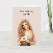 ブロンドガールハート電球が私の人生を照らす カード (正面)