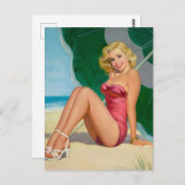 ブロンドガールビーチ傘ピンアップ ポストカード (正面/裏面)