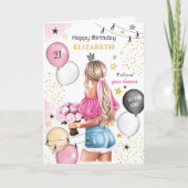 ブロンドガールピンク金ゴールドバルーンハッピーバースデー シーズンカード (正面)