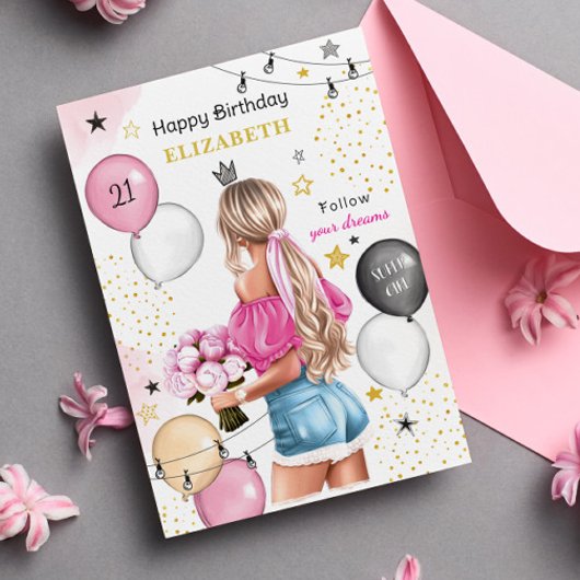 ブロンドガールピンク金ゴールドバルーンハッピーバースデー シーズンカード