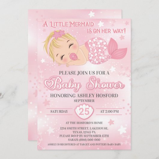 ブロンドガールベビーシャワー招待状 |ベビーマーメイド  招待状 (正面/裏面)