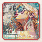 ブロンドサングラスマイアミリゾートプールウォーターカラーポス スクエアペーパーコースター (正面)