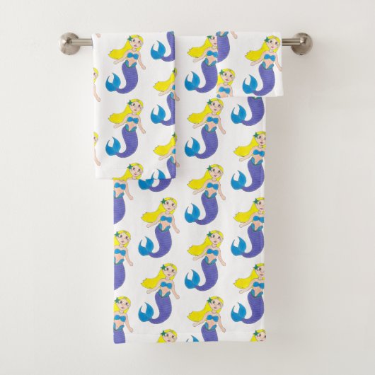 ブロンドスイミングマーメイドガールパープルテール海海 バスタオルセット (インサイチュ)