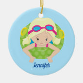 ブロンドスイムガールかわいいスケッチカスタムブループール セラミックオーナメント (正面)