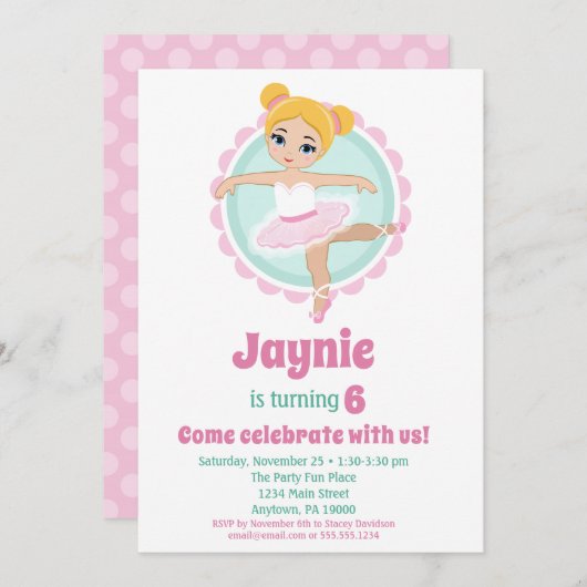 ブロンドバレリーナバレエ踊りバースデーパーティー 招待状 (正面/裏面)
