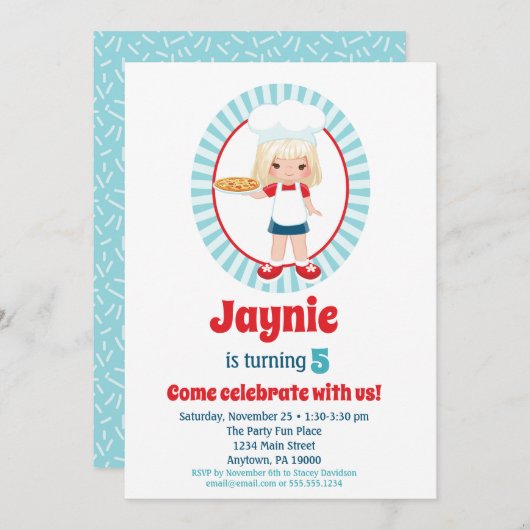 ブロンドピザパーティーガール – ピザ誕生日 招待状 (正面/裏面)
