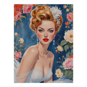 ブロンドピンアップブライドポートレートフローラ背景 ポスター