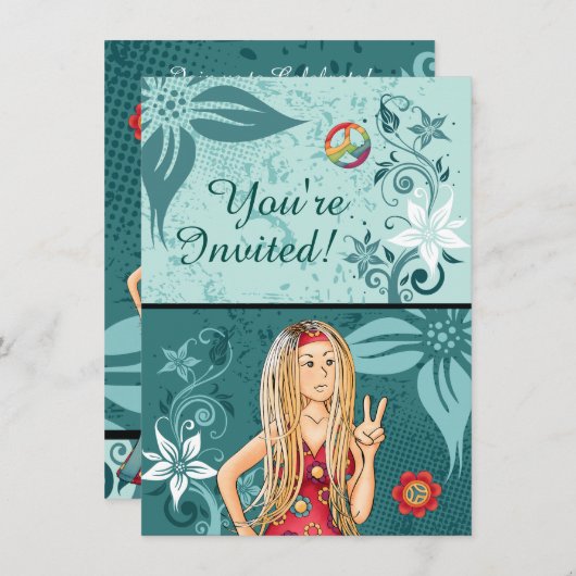 ブロンドピースヒッパイガール誕生日招待状 招待状 (正面/裏面)