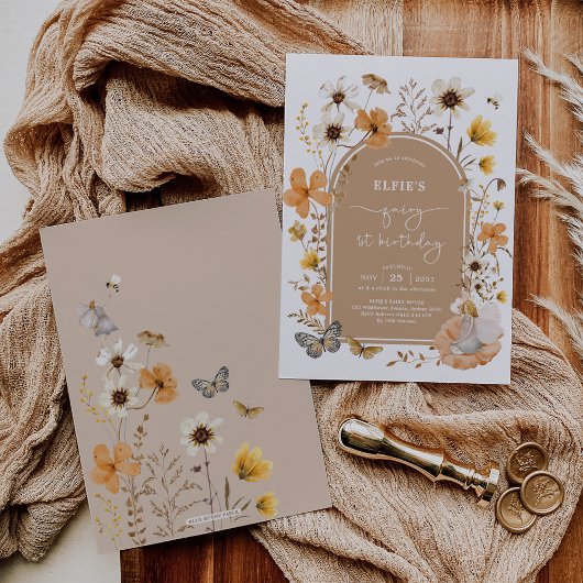 ブロンドフェアリーファースト誕生日秋ワイルドフラワーパーティー 招待状