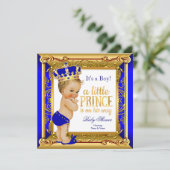 ブロンドプリンスベビーシャワーブルーフェイク金ゴールド 招待状 (スタンド正面)