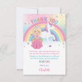ブロンドプリンセスアンドレインボーユニコーンピンク誕生日 サンキューカード (正面)