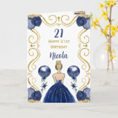 ブロンドプリンセスネイビーハッピーバースデー カード (黄色い花)