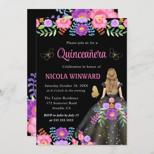 ブロンドプリンセスメキシコフローラドレスキンセアニェラ 招待状 (正面/裏面)