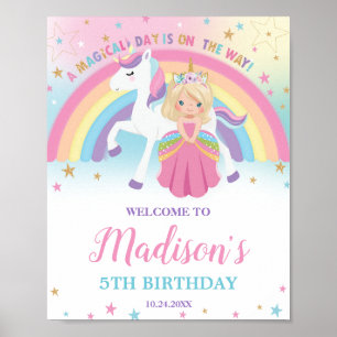 ブロンドプリンセスユニコーン誕生日レインボーウェルカム ポスター