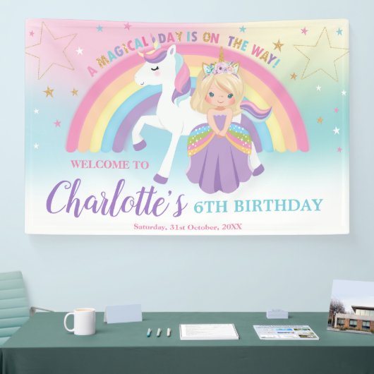 ブロンドプリンセスユニコーン誕生日レインボーウェルカム 横断幕 (トレードショー)