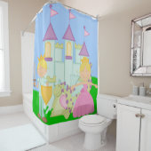 ブロンドプリンセス、プリンス、ドラゴン、城おとぎ話 シャワーカーテン (インサイチュ)