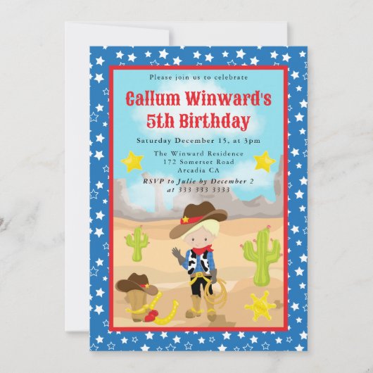 ブロンドヘアカウボーイウェスタン子供の誕生日 招待状 (正面)