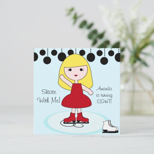ブロンドヘアガールアイススケートで滑るパーティの招待状 招待状 (スタンド正面)