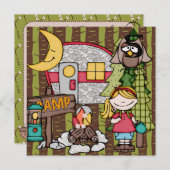 ブロンドヘアガールキャンピング誕生日招待状 招待状 (正面/裏面)