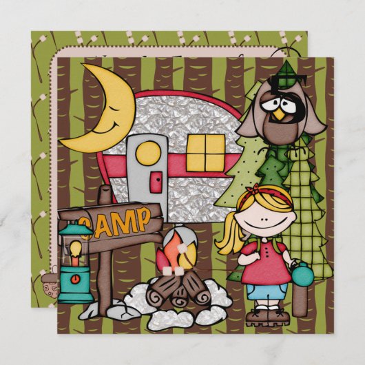 ブロンドヘアガールキャンピング誕生日招待状 招待状 (正面/裏面)