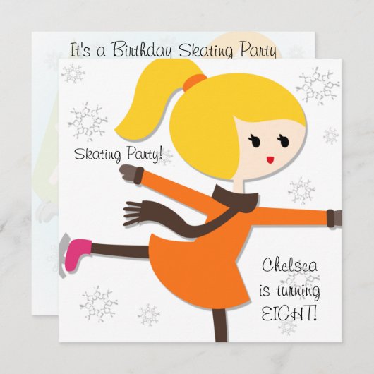 ブロンドヘアガールスケートで滑る誕生日招待状 招待状 (正面/裏面)