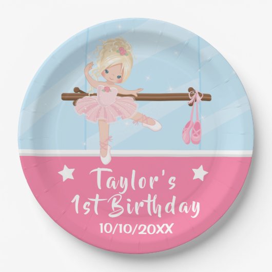 ブロンドヘアバレリナピンクトゥチュウ誕生日紙プラ ペーパープレート (正面)