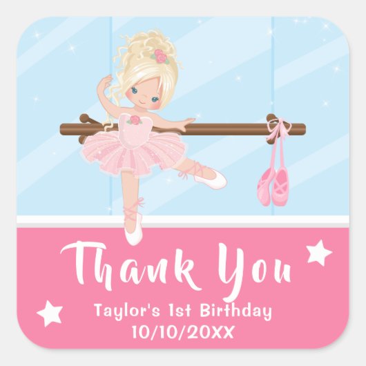 ブロンドヘアバレリナピンク誕生日サンキュースクア スクエアシール (正面)