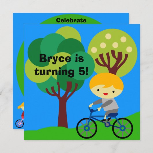 ブロンドボーイオン自転車誕生日招待状 招待状 (正面/裏面)