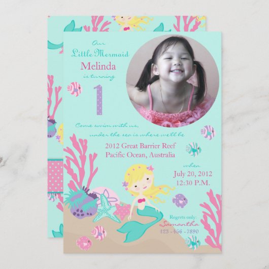 ブロンドマーメイドファースト誕生日 招待状 (正面/裏面)