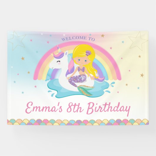 ブロンドマーメイドユニコーンプール誕生日へようこそ 横断幕 (横)